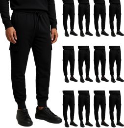 12 Bulk Mens Cotton Fleece Cargo Joggers In Black Assorted Sizes S-2xl