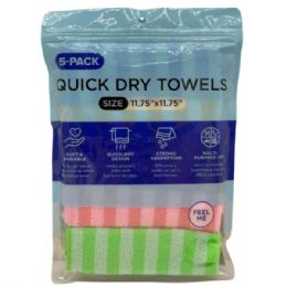 24 Bulk 11.75" X 11.75" 5-Pack Striped Texture Strong Absorption Quick Dry Towels
