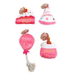 48 Bulk Dog Toy Plush Squeaker Happy Birthday Pink 4 Assorted In Pdq #p34935
