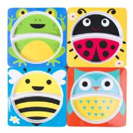 24 Bulk Dinnerware Kids Square 2-Section Plate 4ast Animals 8x8in/24pc Pdq