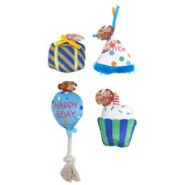 48 Bulk Dog Toy Plush Squeaker Happy Birthday Blue 4 Assorted In Pdq #p34936