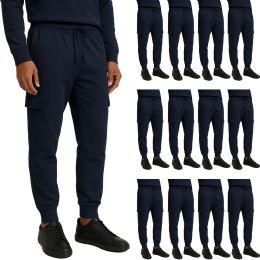 12 Bulk Mens Cotton Fleece Cargo Joggers In Navy Assorted Sizes S-2xl