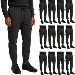 12 Bulk Mens Cotton Fleece Cargo Joggers In Charcoal Gray Assorted Sizes S-2xl