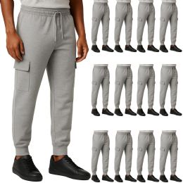 12 Bulk Mens Cotton Fleece Cargo Joggers In Heather Gray Assorted Sizes S-2xl