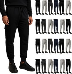 24 Bulk Mens Cotton Fleece Cargo Joggers In Assorted Colors Assorted Sizes S-2xl