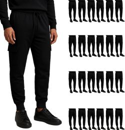 24 Bulk Mens Cotton Fleece Cargo Joggers In Black Assorted Sizes S-2xl