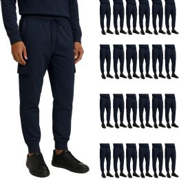 24 Bulk Mens Cotton Fleece Cargo Joggers In Navy Assorted Sizes S-2xl