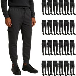 24 Bulk Mens Cotton Fleece Cargo Joggers In Charcoal Gray Assorted Sizes S-2xl