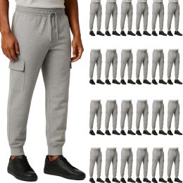 24 Bulk Mens Cotton Fleece Cargo Joggers In Heather Gray Assorted Sizes S-2xl