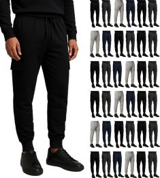 36 Bulk Mens Cotton Fleece Cargo Joggers In Assorted Colors Assorted Sizes S-2xl