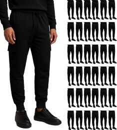 36 Bulk Mens Cotton Fleece Cargo Joggers In Black Assorted Sizes S-2xl