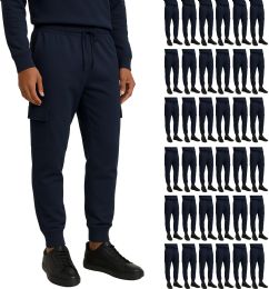 36 Bulk Mens Cotton Fleece Cargo Joggers In Navy Assorted Sizes S-2xl