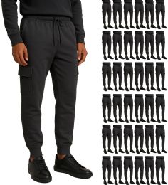 36 Bulk Mens Cotton Fleece Cargo Joggers In Charcoal Gray Assorted Sizes S-2xl