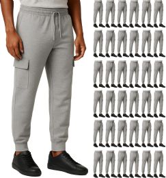 36 Bulk Mens Cotton Fleece Cargo Joggers In Heather Gray Assorted Sizes S-2xl