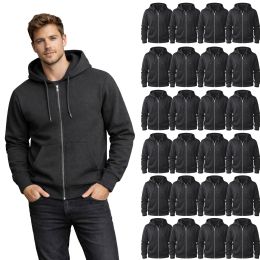 24 Bulk Men's Cotton Fleece Full Zip Hooded Sweat Shirt Heather Gray Assorted Sizes M- 2xl
