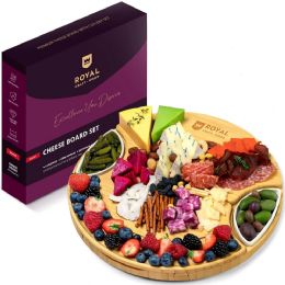 8 Bulk 13.7" Rnd Bamboo Cheese Board W2 Ceramic Bowls & 3pc Cutlery Set - Royal Craft Wood