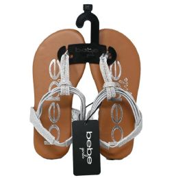 12 Bulk Girls Silver Thong Sandal Wtubular Rhinestones & Metallic Bungees Bebe 7-Asst Size