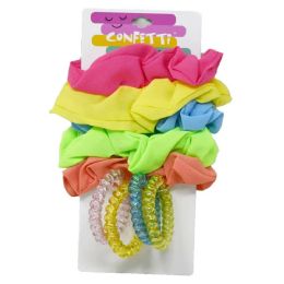 24 Bulk 9pc Neon Hair Scrunchie & Glitter Coil Set Confetti