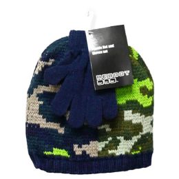 36 Bulk 2pc Boys Blue Green Camo Hat Glove Set