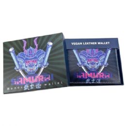 12 Bulk Faux Leather Bifold Wallet In Black And Blue With Samurai Design