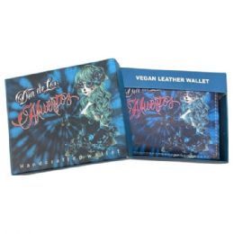 12 Bulk Faux Leather Bifold Wallet In Black And Blue With Dia De Los Muertos Design