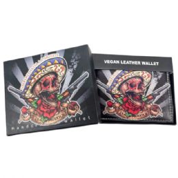 12 Bulk Faux Leather Bifold Wallet In Black With Dia De Los Muertos Skull Design