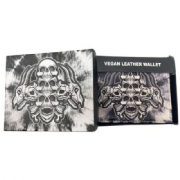 12 Bulk Faux Leather Bifold Wallet In Black And White With Skulls Design