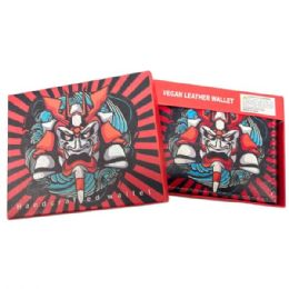12 Bulk Faux Leather Bifold Wallet In Red And Black With Anime Shogun Design