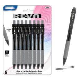 24 Bulk Reva Black Color Retractable Pen with Cushion Grip 8-Pack
