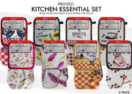 48 Bulk 3pcs Set Printed Oven Mitt With Pot Holder & Kitchen Towel