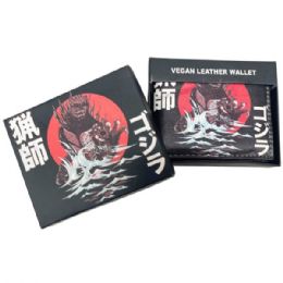 12 Bulk Faux Leather Bifold Wallet In Black With Godzilla Design