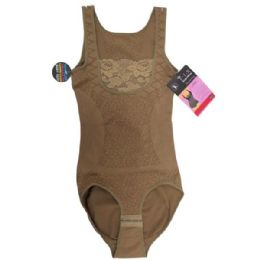 12 Bulk Lace Panel Shapewear Bodysuit In Coffee Color In Assorted Sizes