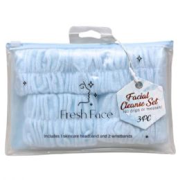 24 Bulk Fresh Face 3 Piece Fleece Facial Cleanse Headband And Wristband Set In Blue