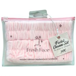 24 Bulk Fresh Face 3 Piece Fleece Facial Cleanse Headband And Wristband Set In Soft Pink