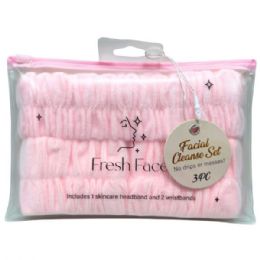 24 Bulk Fresh Face 3 Piece Fleece Facial Cleanse Headband And Wristband Set In Pink