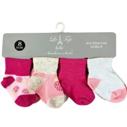 10 Bulk Le Top Bebe 0-6 Months Girls 8 Pair Pack Ankle Socks In Assorted Designs