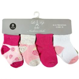 10 Bulk Le Top Bebe 6-12 Months Girls 8 Pair Pack Ankle Socks In Assorted Designs