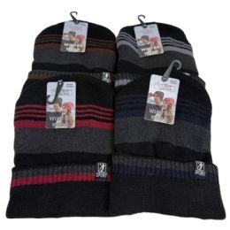 48 Bulk Men's Winter Hat, Lining Strips Design With Fur Inside