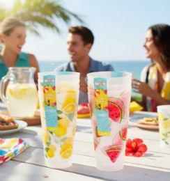 24 Bulk 750ml Set Of 4 Plastic Cups 2 Assorted Prints