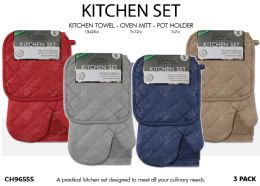 48 Bulk 3pc Solid Kitchen Towel, Mitt, P.holder Set