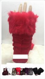 24 Bulk Women's Faux Fur Trim Cable Knit Fingerless Gloves Assorted Color