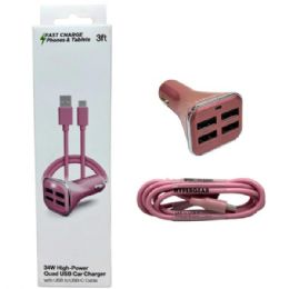 12 Bulk 4 Port 6.8 Amp Rose Gold Usb Car Charger With 3 Foot Usb Type C Cable