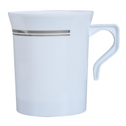 10 Bulk Plastic White Coffee Mug With Silver Rim 8oz 12pc/bag