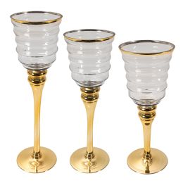 4 Bulk Glass Stem Candle Holder With Gold Rim 3pc/set - Gold