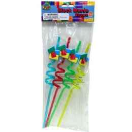 36 Bulk Kid Fun 4-count Block Mania Reusable Spiral Straws With Blocks Decoration