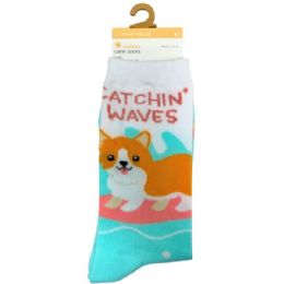 36 Bulk Happy Value Catchin' Waves Surfing Dog Crew Socks In Sizes 4-10