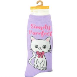 36 Bulk Happy Value Simply Purrfect Cat Crew Socks In Sizes 4-10