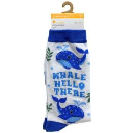 36 Bulk Happy Value Whale Hello There Crew Socks In Sizes 4-10