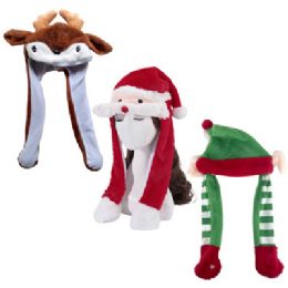 12 Bulk Hat Christmas Plush W/pump Up Ear Motion 3ast Santa/elf/deer 10x20in Ht/jhook