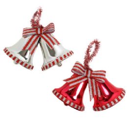 24 Bulk Hanging Christmas Bell Decor 6..5x6in Plastic W/tinsel Hanger And Bow Silver Or Red Xmas Label